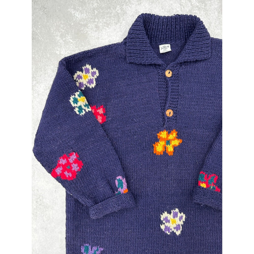Las Americas Vintage 100% Wool Hand Knit Floral Sweater Navy Blue Large